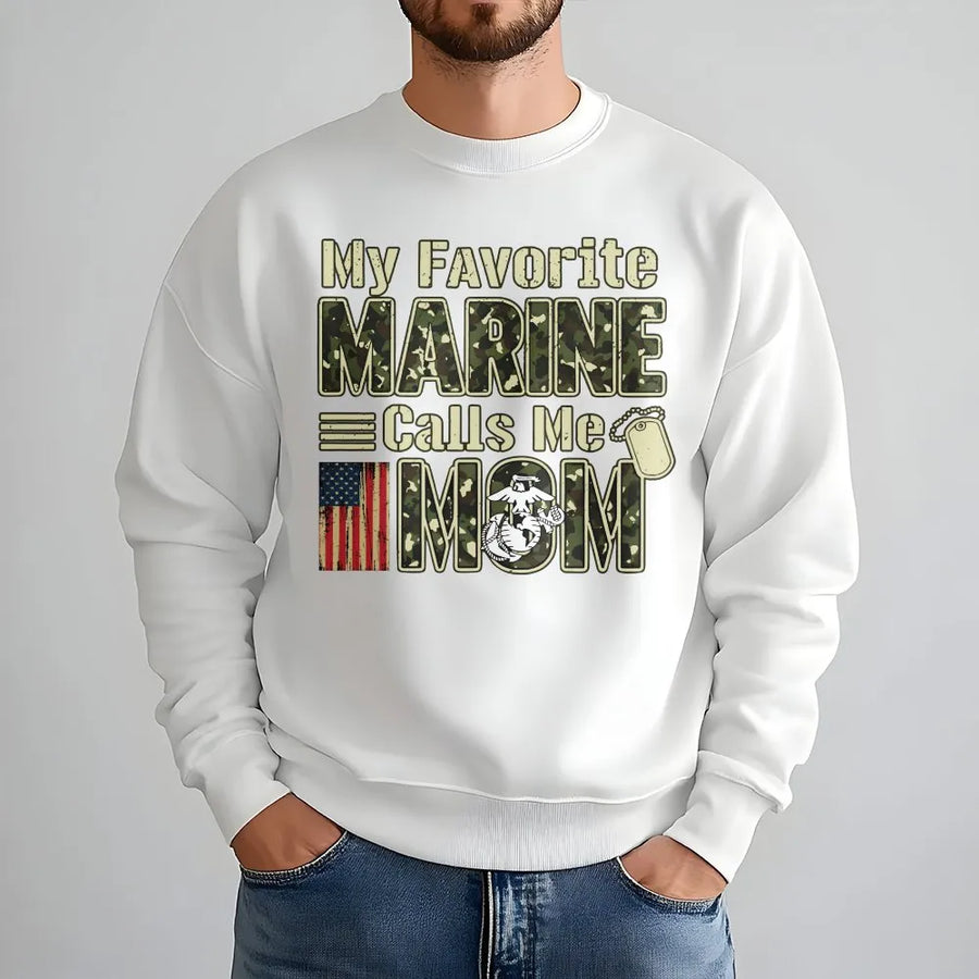 My Favorite Marine Calls Me Mom Sweatshirt | Patriotic Military Pride Graphic | Cotton Blend Premium Crewneck | Proud Marine Mom Gift Idea