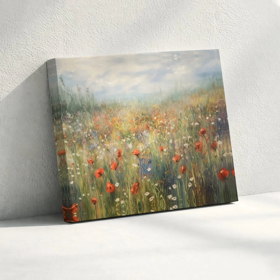 Wildflower Meadow Canvas Print | Impressionist Poppy Field Painting | Premium Stretched Canvas | Rustic Cottagecore Wall Decor Gift