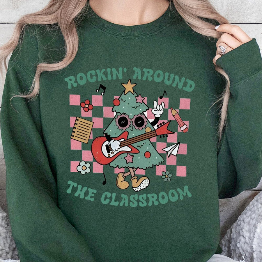 Rockin Around The Classroom Sweatshirt | Retro Christmas Tree Guitar Design | Premium Cotton Blend | Funny Teacher Holiday Gift