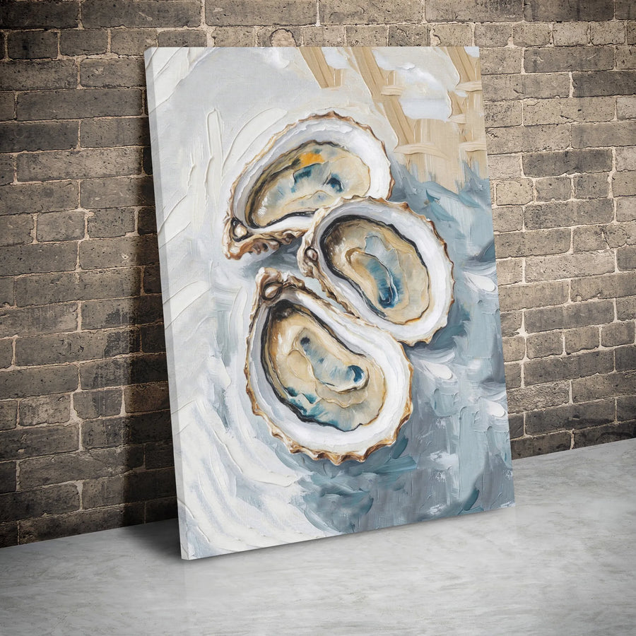 Three Oysters Canvas Wall Art | Impasto Coastal Oil Painting Style | Premium Gallery Wrap Print | Nautical Beach House Decor Gift