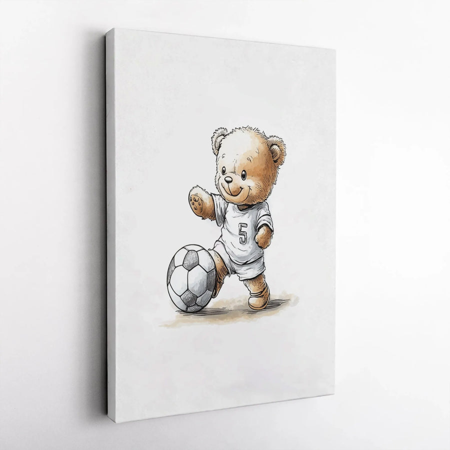 Soccer Teddy Bear Canvas Wall Art | Cute Cartoon Animal Illustration | Premium Gallery Wrapped Canvas | Nursery & Kids Room Decor Gift