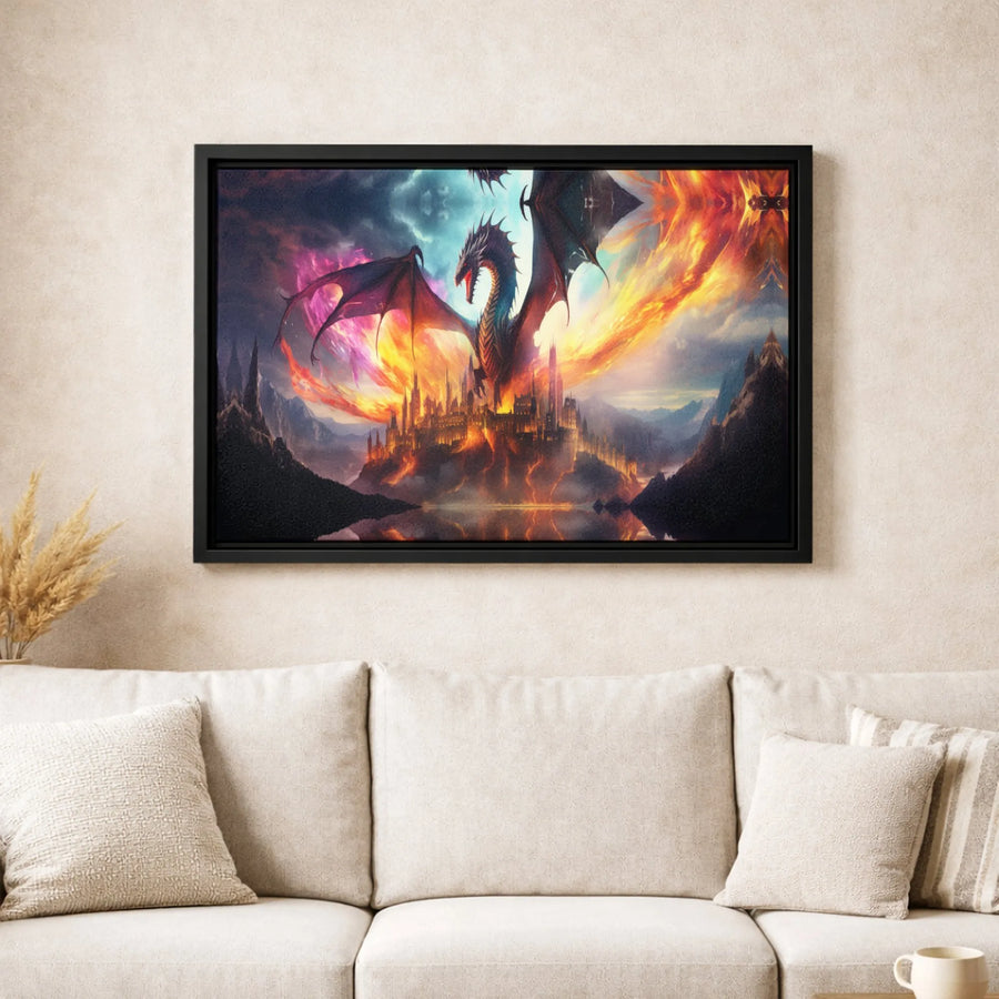 Epic Dragon Canvas Wall Art | Burning Fantasy Castle Landscape | Premium Gallery-Wrapped Print | Gift for Fantasy Lovers and Gamers