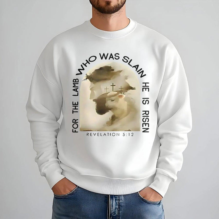 Lamb Who Was Slain Sweatshirt | Revelation 5:12 Bible Verse Graphic | Premium Cotton Blend Crewneck | Christian Faith Gift for Men and Women