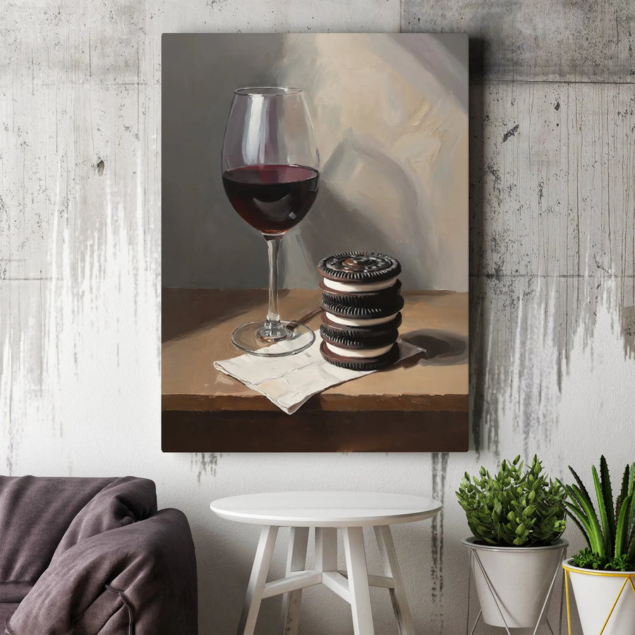 Still Life Wine and Cookie Canvas Print | Realistic Oil Painting Style Wall Art | Premium Gallery-Wrapped Canvas | Sophisticated Home Decor Gift
