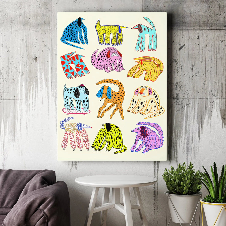 Whimsical Dog Wall Art | Colorful Cartoon Puppy Illustration | Premium Gallery Wrapped Canvas | Unique Pet Lover Home Decor Gift