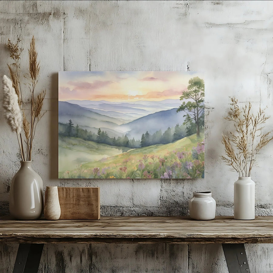 Watercolor Wildflower Mountain Horizontal Canvas Art | Soft Pastel Sunset Meadow Scene | Premium 1.25" Gallery Wrap | Cozy Living Room Wall Decor