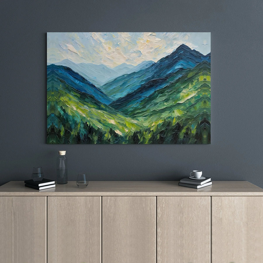 Mountain Landscape Canvas Print | Impasto Style Oil Painting Art | 1.25" Gallery Wrap | Premium Nature Wall Decor for Modern Home Office