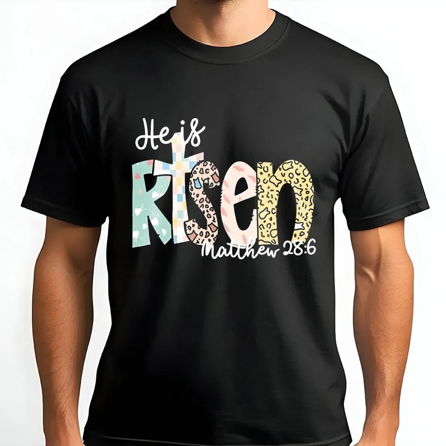 He Is Risen T-Shirt | Leopard Print Cross Faith Design | 100% Cotton Premium Tee | Christian Easter Gift for Women