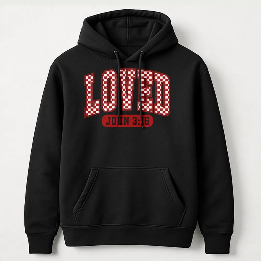 Loved John 3:16 Hoodie | Retro Red Checkerboard Design | Premium Cotton Blend | Christian Valentine Gift for Women and Men