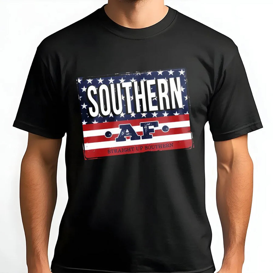 Southern AF Graphic T-Shirt | Distressed American Flag Design | Premium Soft Cotton | Funny Southern Pride Gift for Southerners
