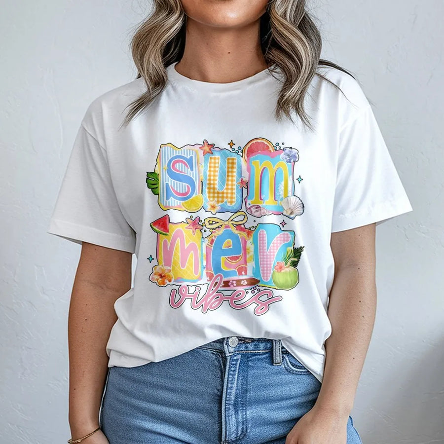 Summer Vibes T-Shirt | Retro Collage Beach Graphic | Soft Cotton Graphic Tee | Cute Vacation Gift for Women
