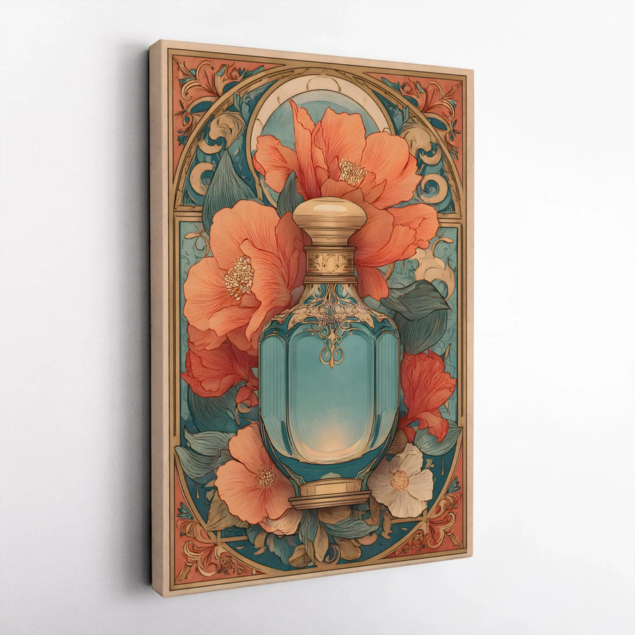 Art Nouveau Perfume Bottle Canvas | Vintage Floral Wall Art | Premium Gallery-Wrapped Print | Elegant Botanical Home Decor