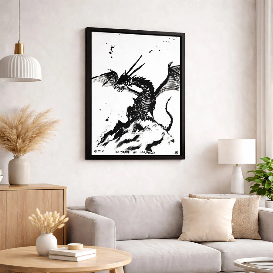 Skeletal Dragon Wall Art | Ink Illustration Canvas Print | Gallery Quality Gothic Home Decor | Unique Fantasy Creature Gift for Collectors