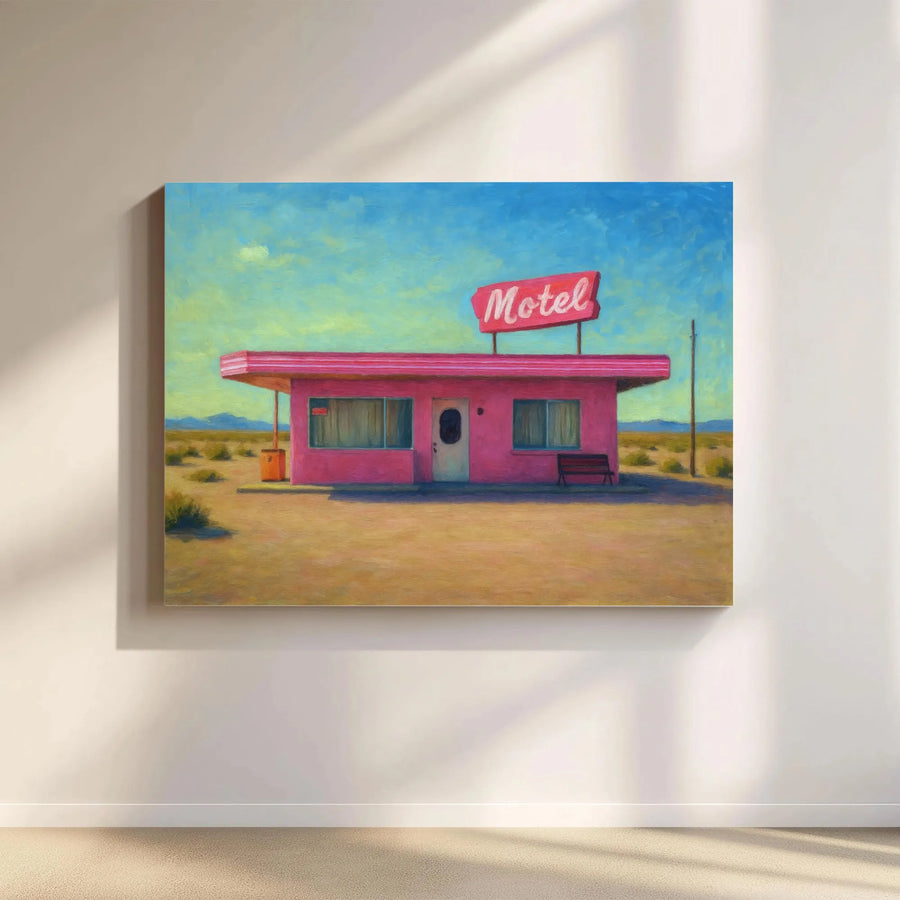 Retro Desert Motel Canvas Print | Painterly Road Trip Landscape | Gallery Wrapped Canvas Art | Premium Home & Office Decor Gift
