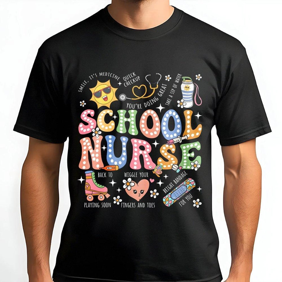 School Nurse T-Shirt | Retro Groovy Back To School Graphic | Premium Soft Cotton | Cute Medical Appreciation Gift For Registered Nurse