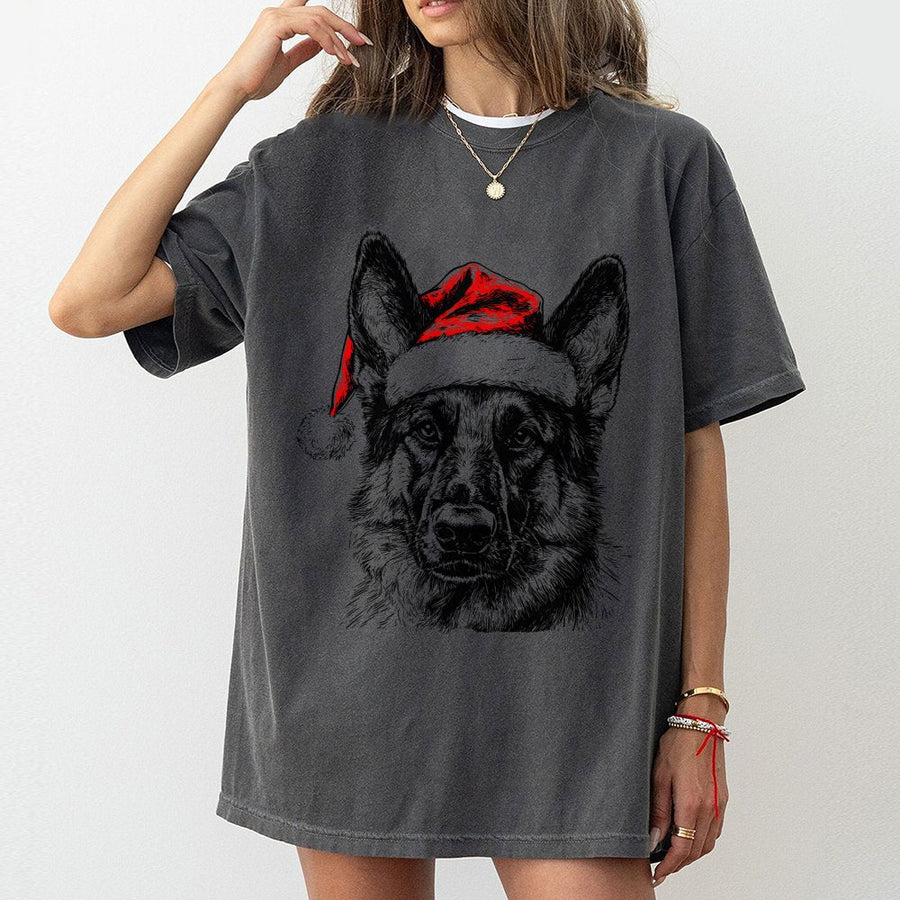German Shepherd Christmas T-Shirt | Festive Santa Hat Dog Graphic | Premium Cotton Unisex Tee | Cute Holiday Gift for Dog Lovers