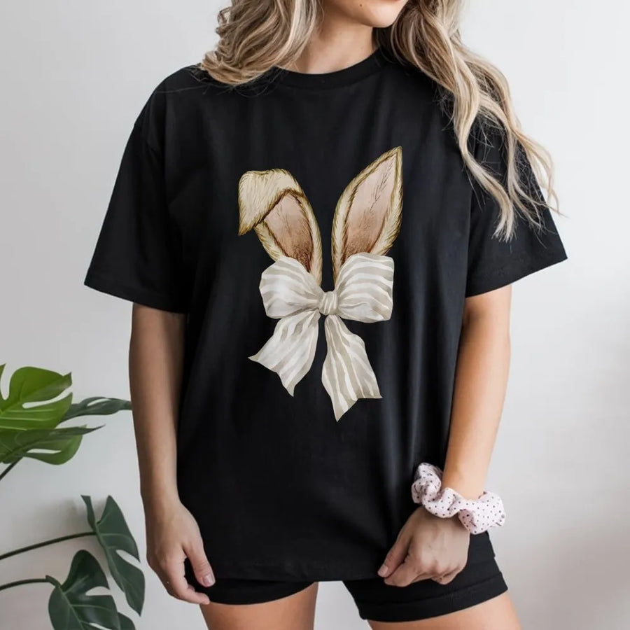 Easter Bunny T-Shirt | Watercolor Rabbit Ears with Striped Bow | Premium 100% Cotton Crewneck | Cute Spring Holiday Gift for Women and Kids