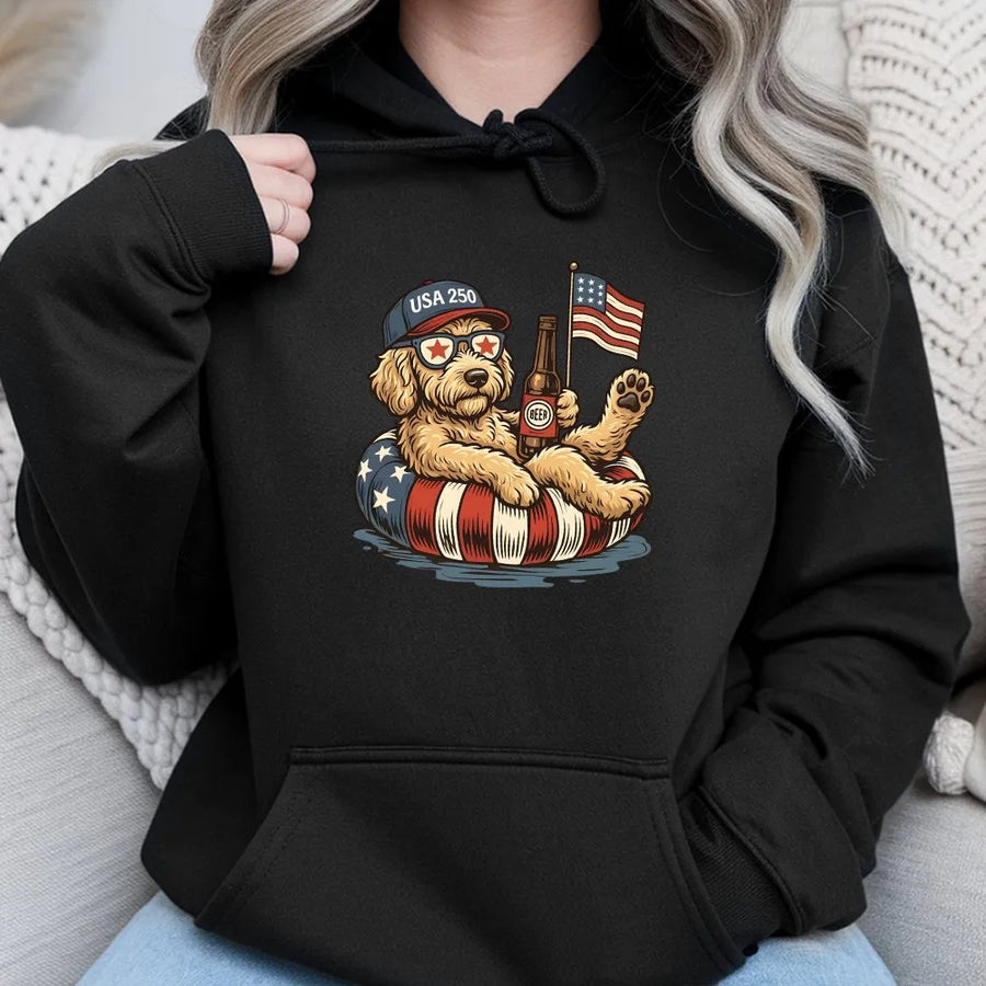 Patriotic Doodle Hoodie | Funny USA 250th Anniversary Dog with Beer | Cozy Cotton Blend Unisex Crewneck | 4th of July Gift for Dog Lover