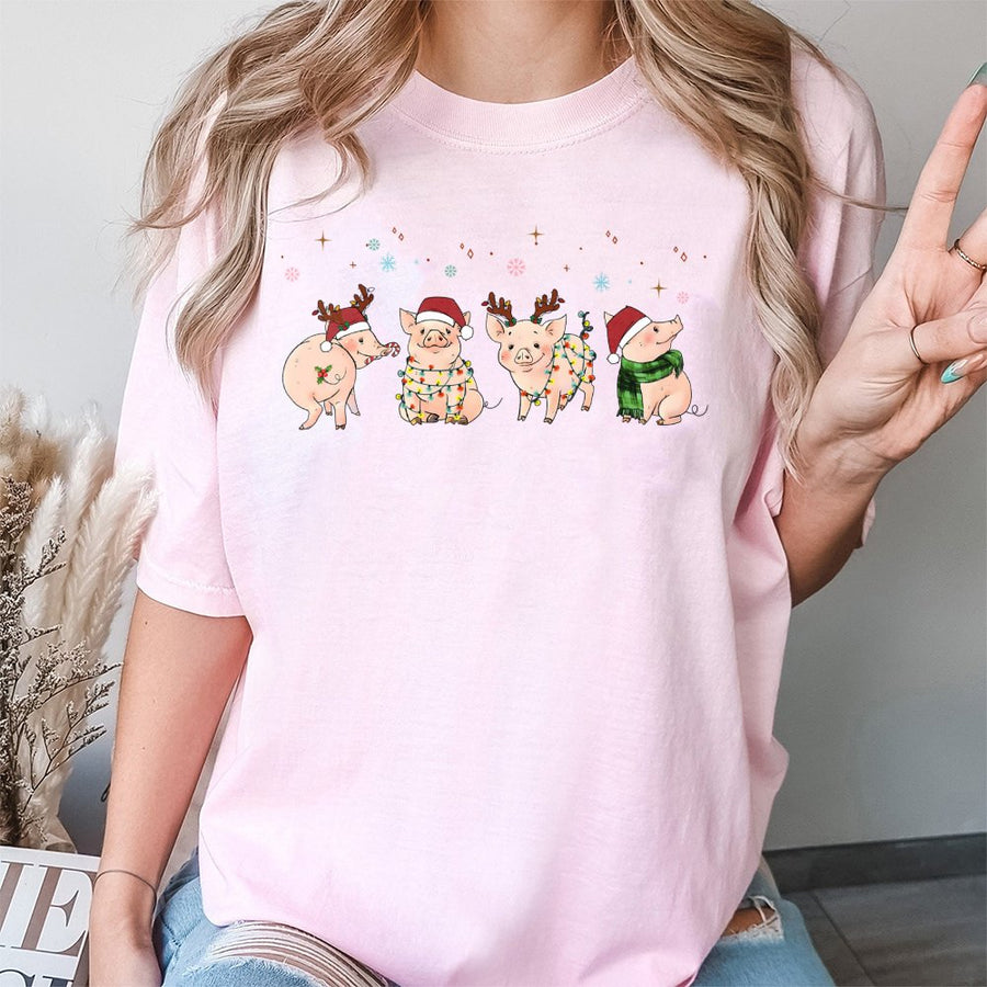 Merry Pigmas T-Shirt | Cute Christmas Pigs Reindeer Graphic | 100% Premium Cotton Tee | Funny Holiday Gift for Pig Lovers and Farmers