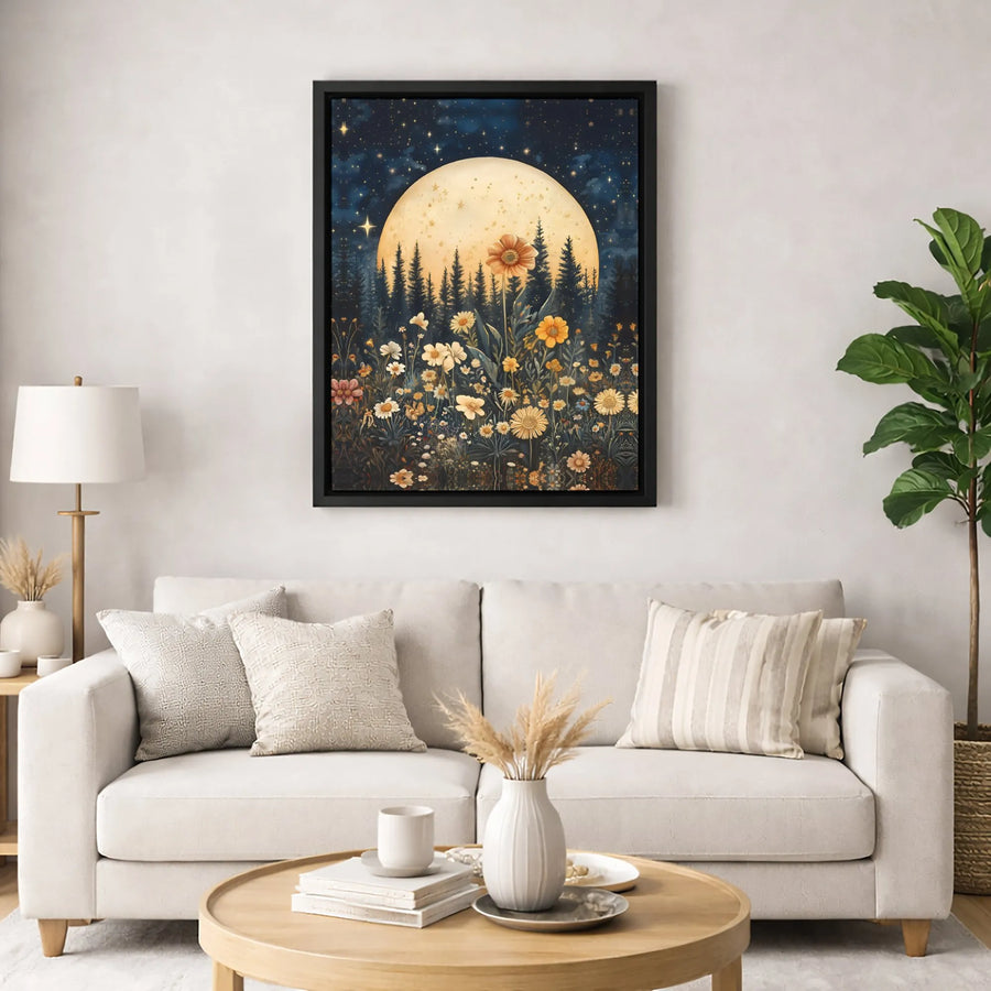 Wildflower Meadow Wall Art | Full Moon and Starry Night Print | Gallery Quality 1.25" Canvas | Botanical Night Sky Decor for Home