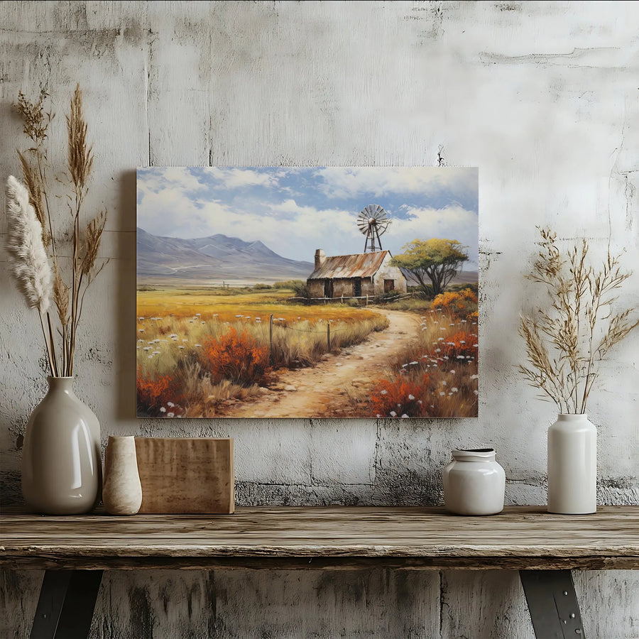 Rustic Farmhouse Canvas Wall Art | Country Landscape Painting with Windmill | Premium Gallery Wrapped Canvas | Farmhouse Living Room Decor Gift