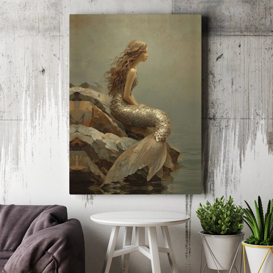 Mermaid Canvas Wall Art | Vintage Painting Style with Golden Tail | Premium Gallery Wrapped Canvas | Fantasy Home Decor Gift