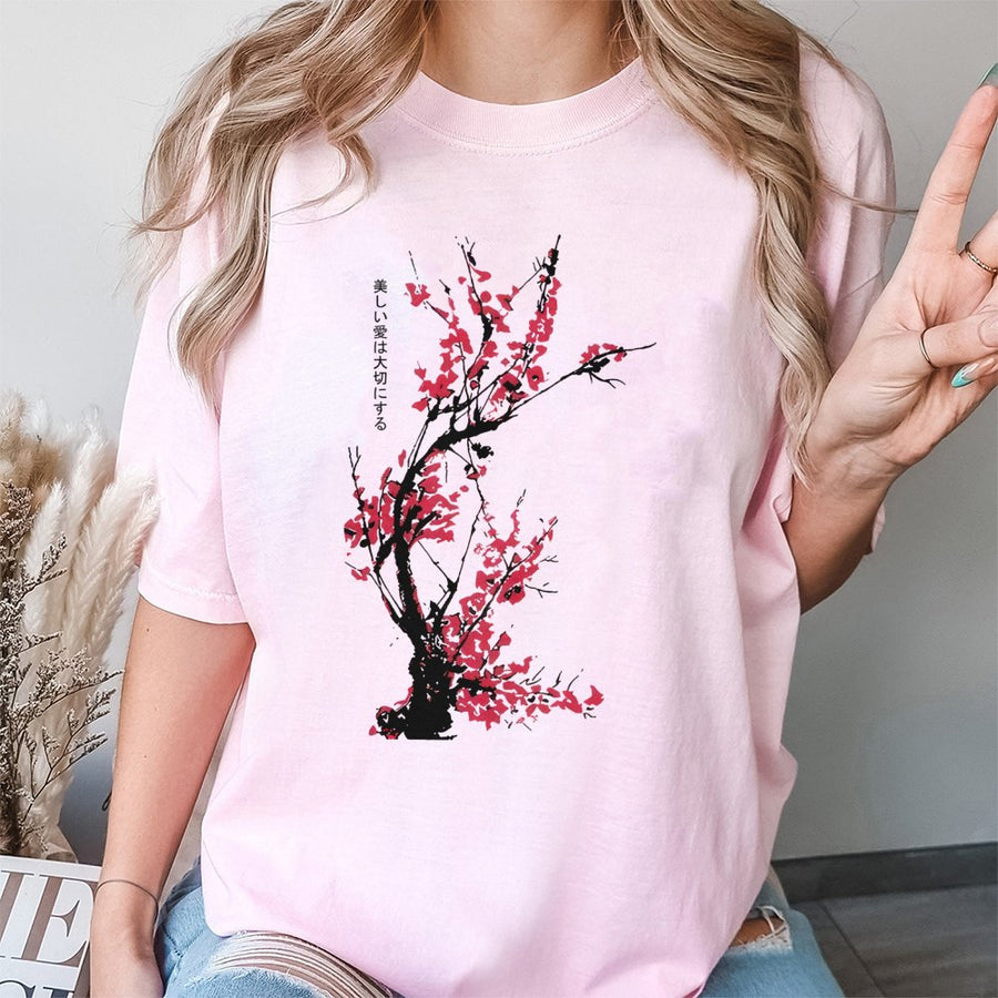 Japanese Cherry Blossom T-Shirt | Sakura Floral Botanical Graphic | 100% Cotton Premium Streetwear | Aesthetic Gift for Anime Fans