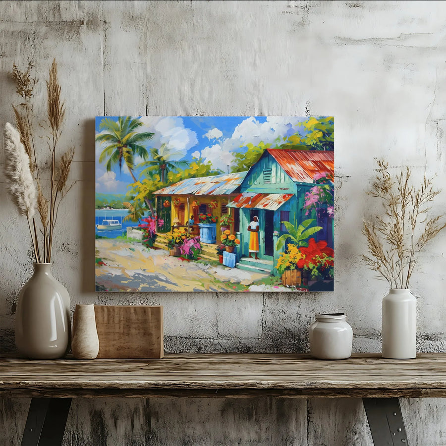 Vibrant Caribbean Town Canvas Art | Impressionist Tropical Village Painting | Premium Thick Gallery Wrap | Coastal Living Room Decor Gift