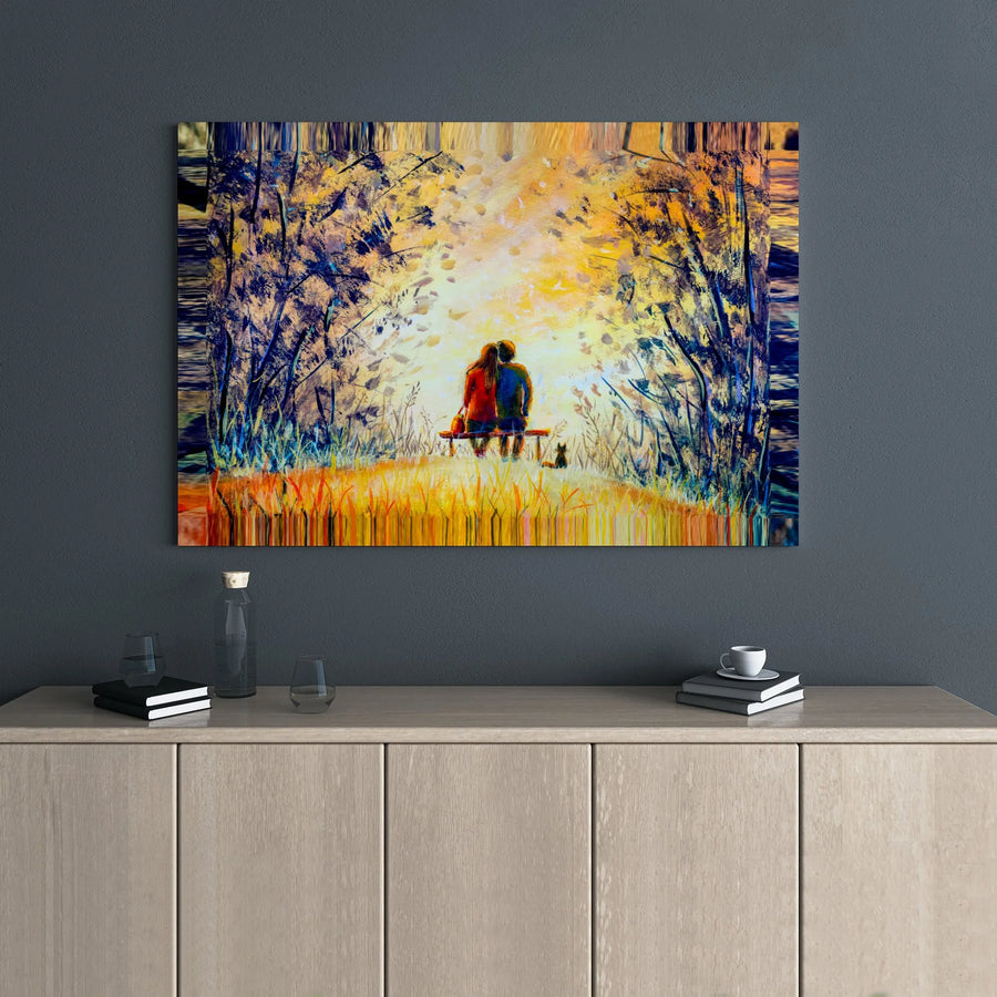 Romantic Couple On A Bench Canvas | Whimsical Fall Forest Love Painting | Premium Gallery Wrap Wall Art | Heartfelt Anniversary Gift For Her