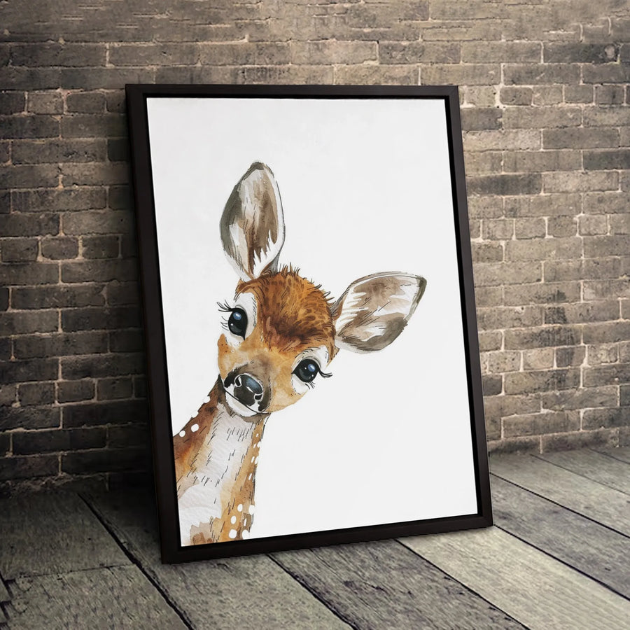 Baby Deer Wall Art | Watercolor Fawn Nursery Decor | Premium 1.25-Inch Framed Canvas | Cute Woodland Animal Gift for Kids Room
