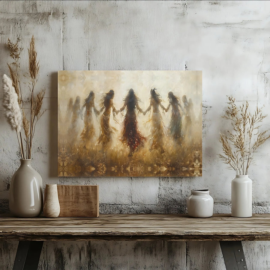 Women Dancing In A Circle Canvas Print | Ethereal Sisterhood Oil Painting Style | 1.25" Premium Gallery Wrap | Feminine Boho Home Decor Wall Art