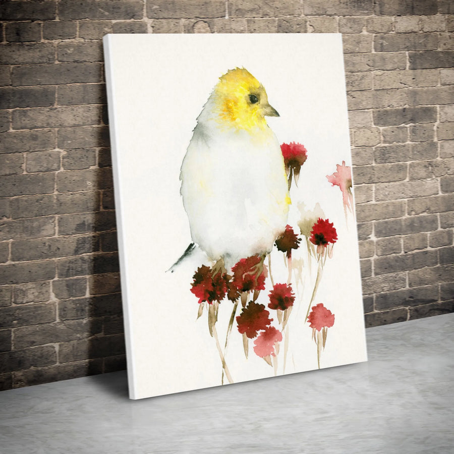 Watercolor Bird Canvas Wall Art | Minimalist Yellow Songbird Painting on Red Flowers | Premium Gallery Wrap | Nature Lover Home Decor Gift
