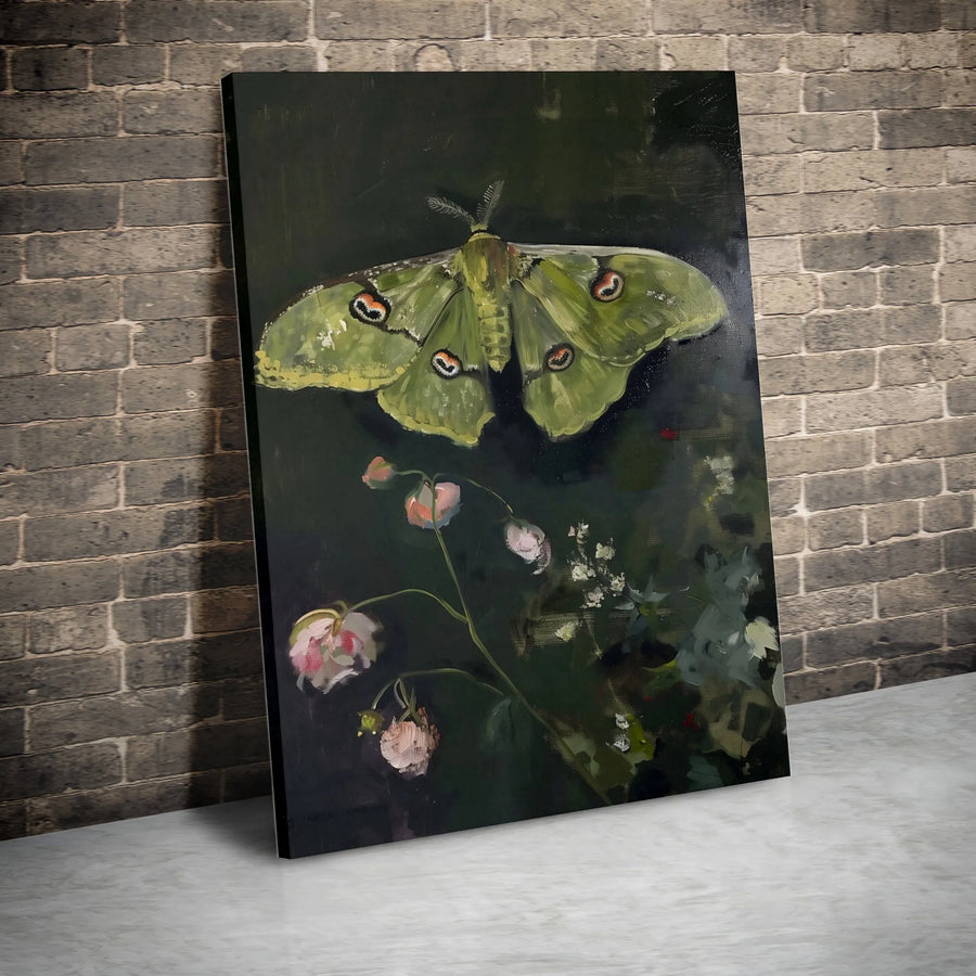 Luna Moth Art Vertical Canvas | Moody Vintage Botanical Style Print with Flowers | Premium 1.25" Gallery Style Canvas | Dark Cottagecore Decor Gift for Nature Lovers