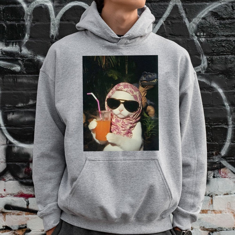 Chill Girl Cat Hoodie | Funny Dino Meme Graphic Sweatshirt | Premium Cotton-Blend Pullover | Trendy Gift for Cat Lovers and Gen Z Humor Fans