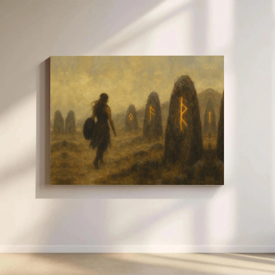 Viking Canvas Wall Art | Shield Maiden Among Glowing Norse Runes | Gallery Wrapped Premium Decor | Historical Fantasy Gift for Myth Lovers