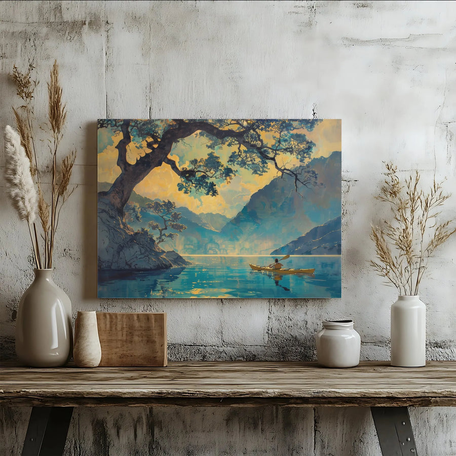 Kayaking Mountain Lake Canvas | Serene Nature Landscape Wall Art | Gallery Wrap Premium Print | Peaceful Adventure Home Decor Gift