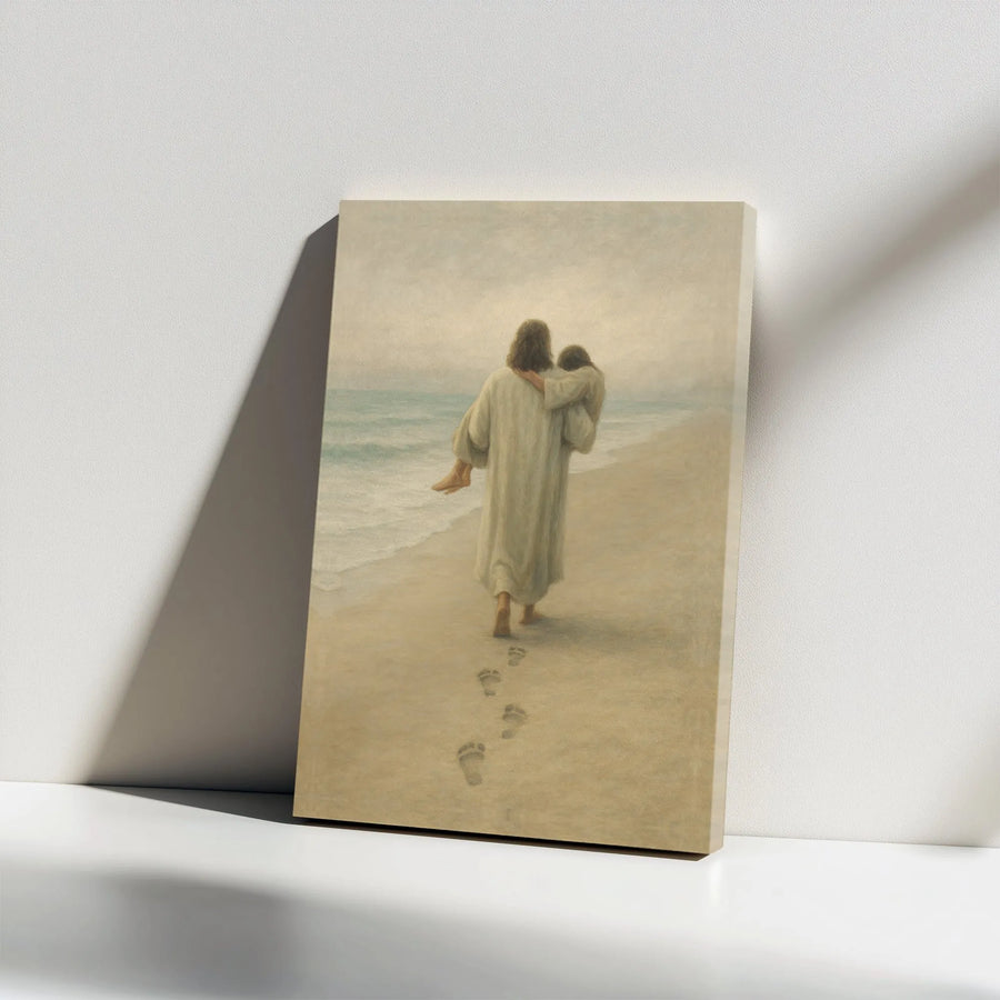 Footprints in the Sand Canvas Wall Art | Jesus Carrying Lamb on Beach | Premium Christian Art Print | Inspirational Religious Home Decor Gift