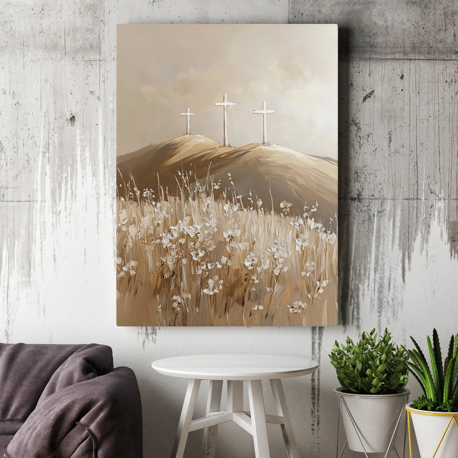 Three Crosses Canvas Wall Art | Textured Calvary Hill Painting Print | Premium Christian Home Decor | Inspirational Faith Gift
