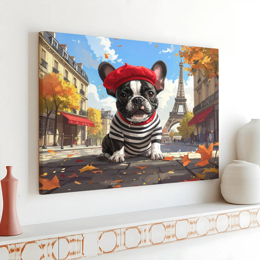 French Bulldog Paris Canvas Wall Art | Whimsical Frenchie in Red Beret | Premium Gallery Wrapped Canvas | Gift for Dog Lover & Parisian Home Decor