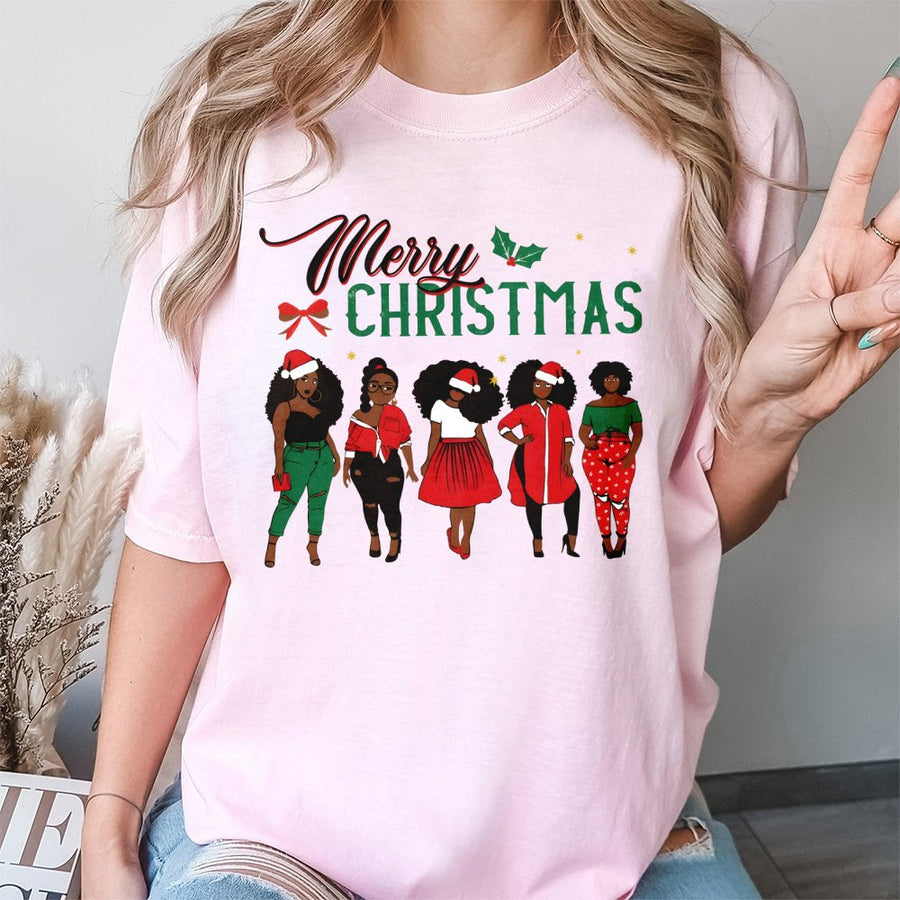 Merry Christmas Black Queen T-Shirt | African American Sisters Santa Design | 100% Cotton Premium Apparel | Melanin Holiday Gift for Women