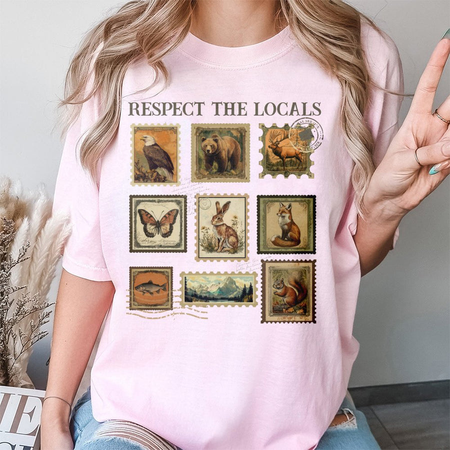 Respect The Locals Wildlife T-Shirt | Vintage Postage Stamp Nature Design | Premium 100% Cotton Tee | Outdoor Adventure Gift For Nature Lovers