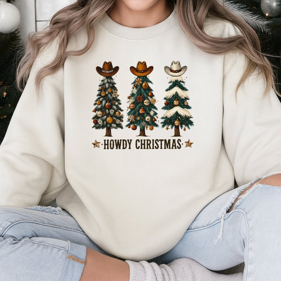 Howdy Christmas Sweatshirt | Western Cowboy Hat Tree Graphic | Premium Cotton Blend | Funny Holiday Gift For Country Music Lovers