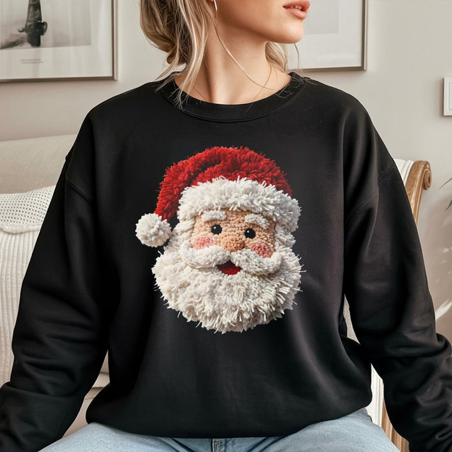 Punch Needle Santa Sweatshirt | Textured Faux Yarn Graphic | Premium Cotton Blend | Cozy Christmas Gift for Women & Men