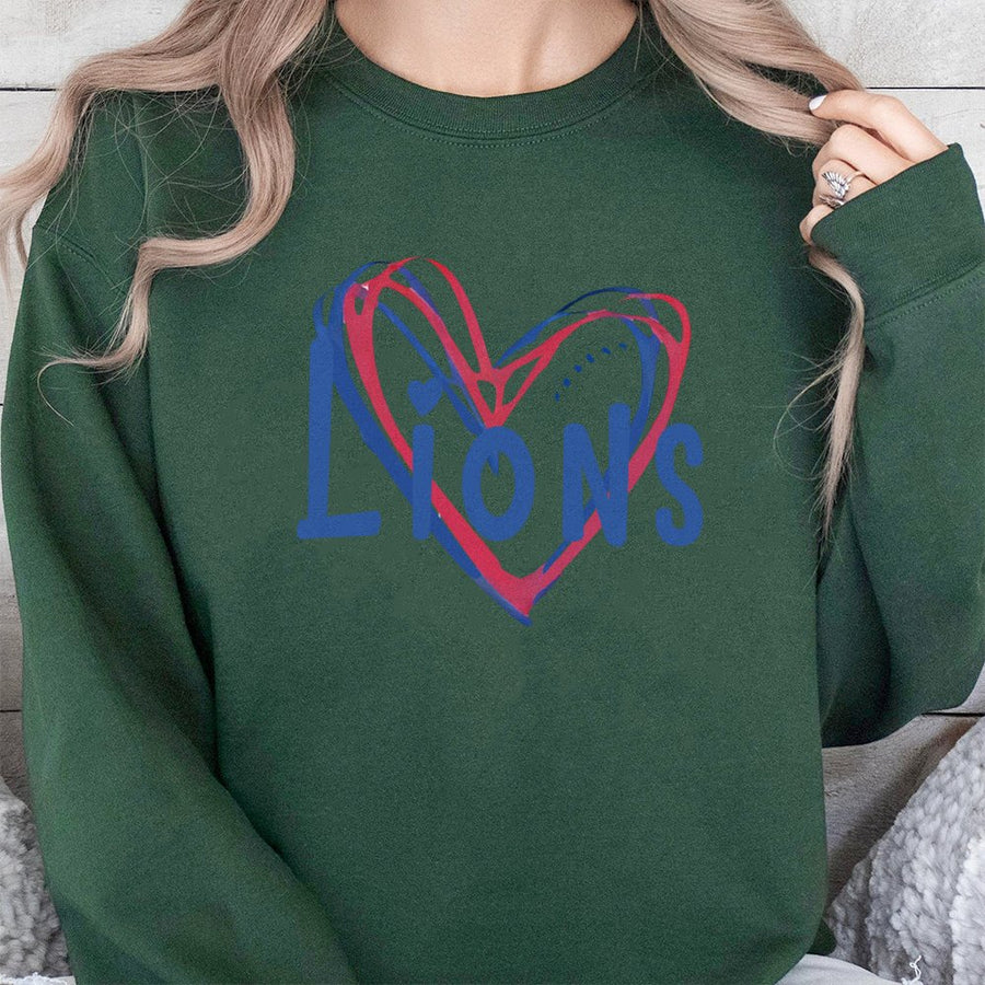Lions Football Heart Sweatshirt | Red And Blue Doodle Graphic Design | Premium Cotton-Poly Blend | Game Day Gift For Football Fans