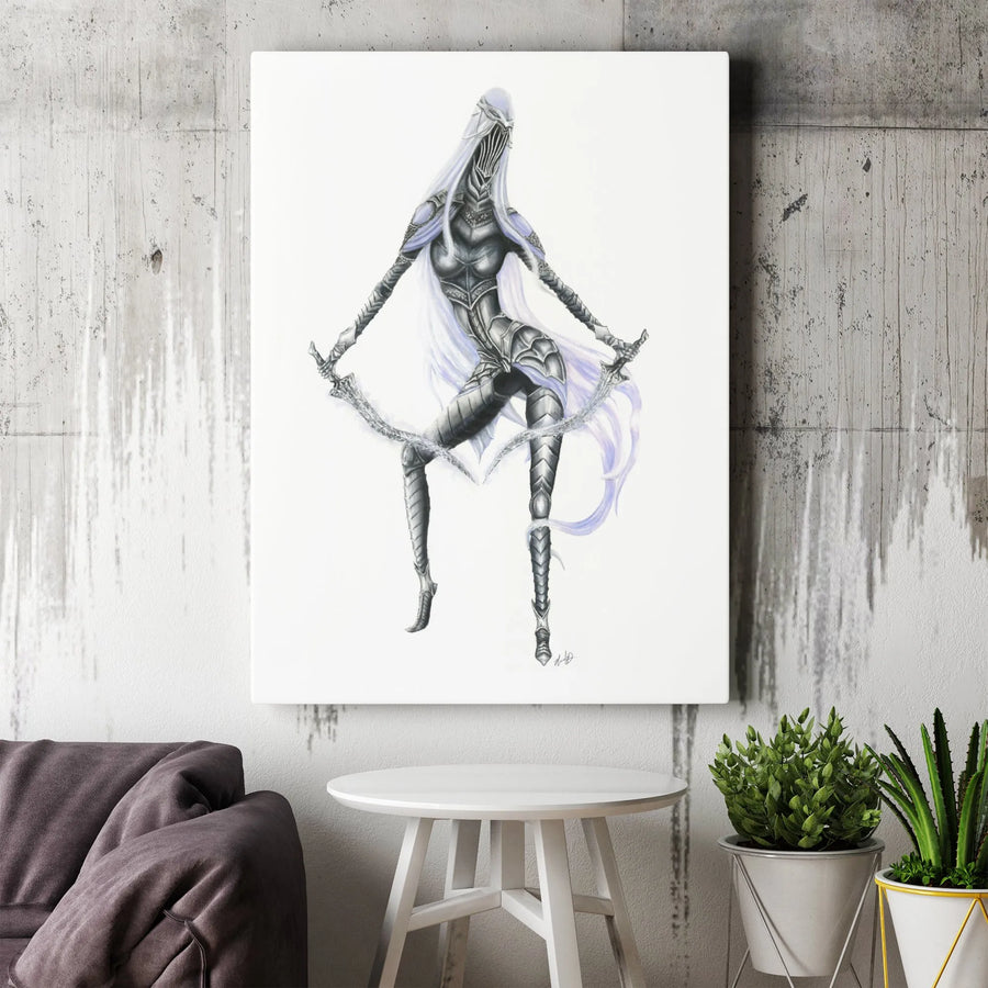 Fantasy Knight Wall Art | Ethereal Warrior Princess Sketch Print | Premium Gallery Wrapped Canvas | Gamer Office Decor Gift