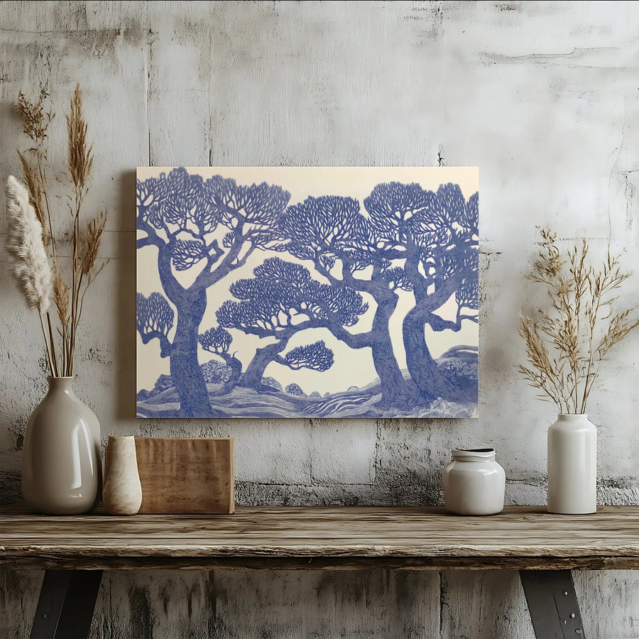 Blue Forest Landscape Canvas Wall Art | Linocut Style Gnarled Trees | 1.25" Gallery Wrap | Modern Home Office Decor Gift