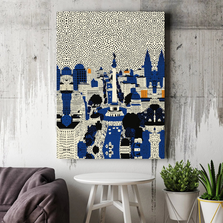Indianapolis Cityscape Vertical Canvas | Stylized Blue Skyline Art with Patterned Sky | Premium 1.25" Frameless Gallery Wrap | Modern Home Office Wall Decor Gift