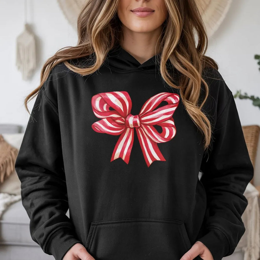Christmas Bow Hoodie | Red Striped Ribbon Graphic | Premium Cotton Blend | Cozy Holiday Gift for Her