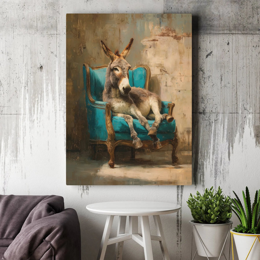 Funny Donkey Painting Canvas Wall Art | Vintage Animal Portrait in Teal Armchair | Premium Gallery Canvas | Quirky Farmhouse Home Decor Gift