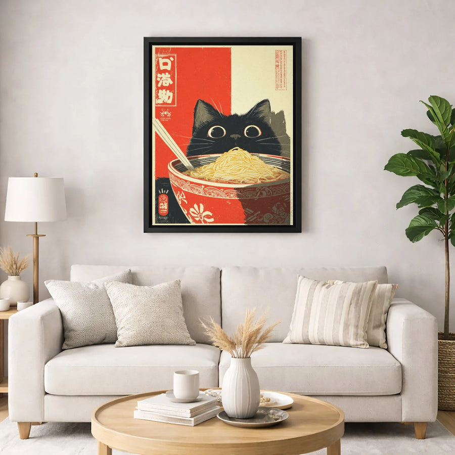 Japanese Cat Ramen Wall Art | Vintage Aesthetic Black Cat Print | 1.25 Inch Gallery Wrap Canvas | Unique Kitchen Decor Gift for Cat Lovers